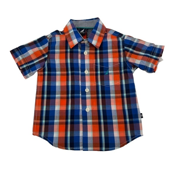 Nautica Blue Orange Plaid Button Up Collared Short Sleeve Shirt Size 18 Months - Picture 1 of 5